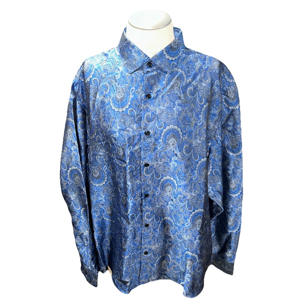 Barry Wang mens Paisley shirt 4xl Long Sleeve Button Blue Silk Blend